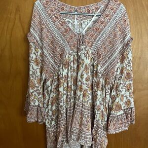 Free People Pink and Cream Bell Sleeve Blouse with Tie Front and Ruffled Details